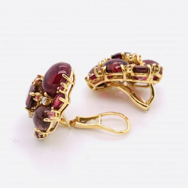 Pair of Contemporary Pink Tourmaline and Diamond Cluster Earrings in Yellow Gold
