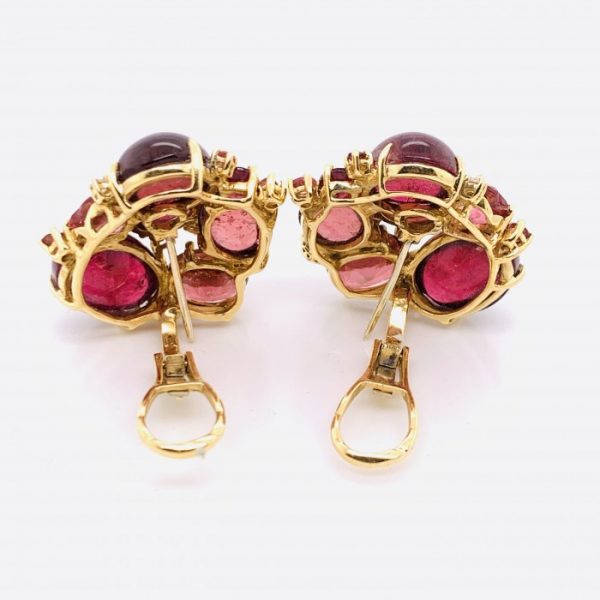 Pair of Modern Pink Tourmaline and Diamond Cluster Earrings in Yellow Gold
