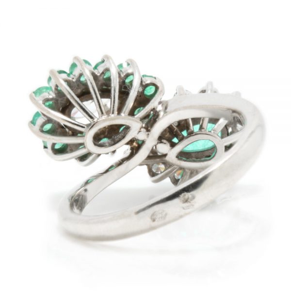 Vintage Emerald and Diamond Double Pear Cluster Crossover Ring in 18ct White Gold
