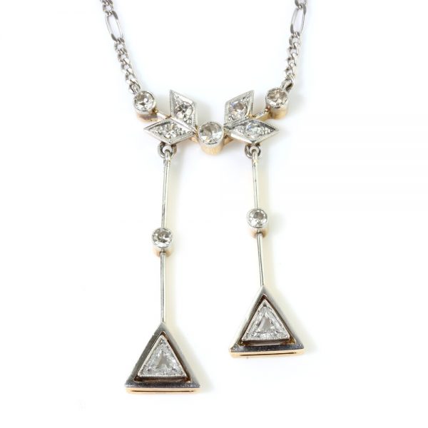 Antique Edwardian Triangle and Old Cut Diamond Pendant Necklace, 1.05 carat total