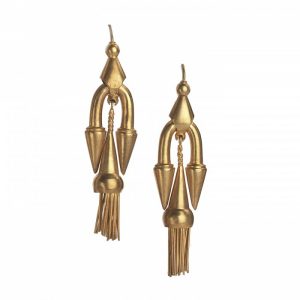 Antique Victorian Gold Etruscan Style Drop Earrings; long pendant drops with fringed tassels, suspended by a spiked curve, hook fittings. English, late 19th century