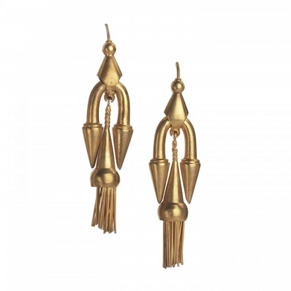 Antique Victorian Gold Etruscan Style Drop Earrings; long pendant drops with fringed tassels, suspended by a spiked curve, hook fittings. English, late 19th century