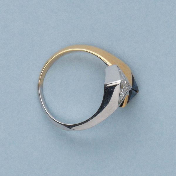 Illario Diamond and Sapphire Toi et Moi Ring; 18ct bi-colour gold set with two triangle shaped sapphires and two triangle shaped diamonds. Master mark Illario, Italy