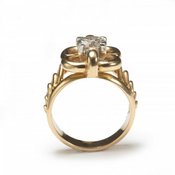 Vintage French 0.91ct Diamond Solitaire Dress Ring, yellow gold open floral frame with cut-out shoulders, Circa 1950