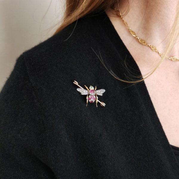 Antique Victorian Diamond, Ruby and Opal Bee Brooch