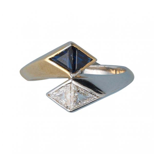Illario Diamond and Sapphire Toi et Moi Ring; 18ct bi-colour gold set with two triangle shaped sapphires and two triangle shaped diamonds. Master mark Illario, famed for designing for Bulgari in the 1950s-1970s - Italy