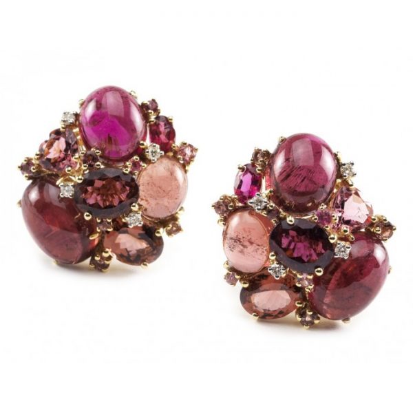 Pink Tourmaline and Diamond Cluster Earrings; set with mixed fancy cuts of pink tourmaline and round brilliant-cut diamonds, in yellow gold
