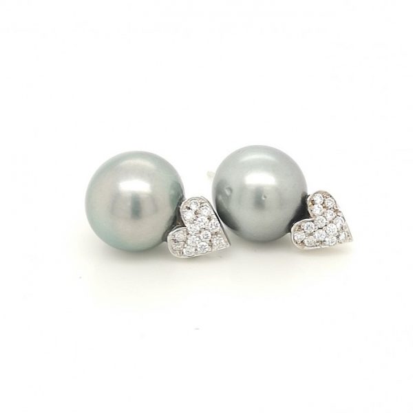 Vintage Tahitian Pearl and Diamond Heart Earrings in 14ct White Gold, Circa 1990