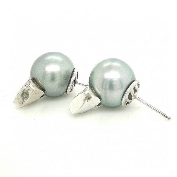 Vintage Tahitian Pearl and Diamond Heart Earrings in 14ct White Gold, Circa 1990