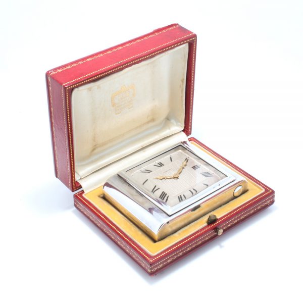 Antique Cartier Sterling Silver Clock, sterling silver case and manual winding movement, in original box, J.C Jacques Cartier, London Import Hallmark Dated 1929