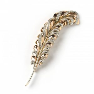 Vintage Gold Diamond Feather Brooch, 3.50cts brilliant-cut and single-cut diamonds set within white gold plumage, all mounted in 18ct yellow gold, Circa 1950