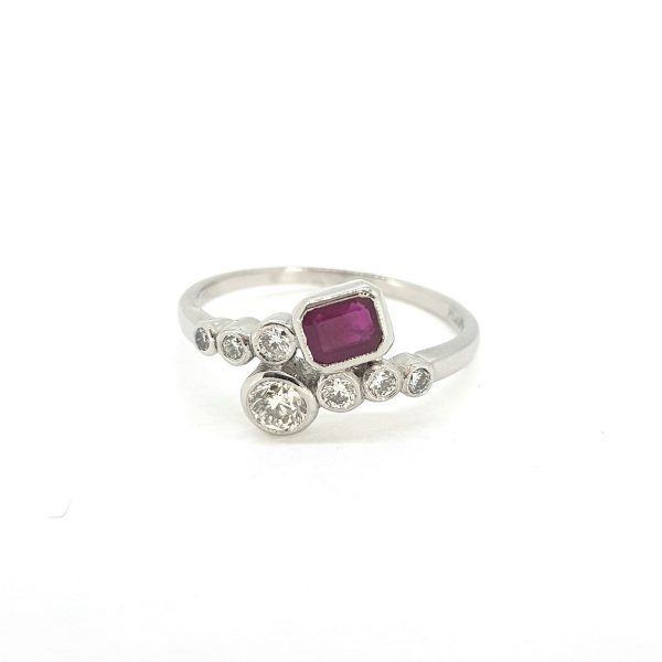Modern Ruby and Diamond Crossover Ring in Platinum