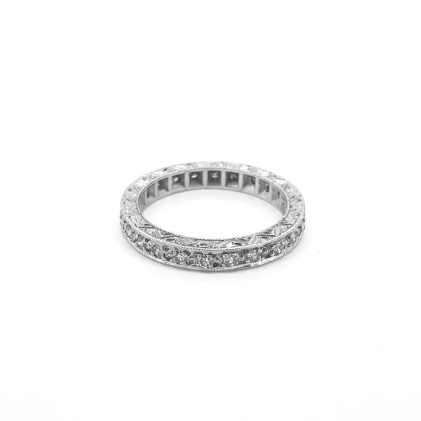 Diamond Full Eternity Ring; traditional 18ct white gold full eternity ring set with diamonds, with engraved edges