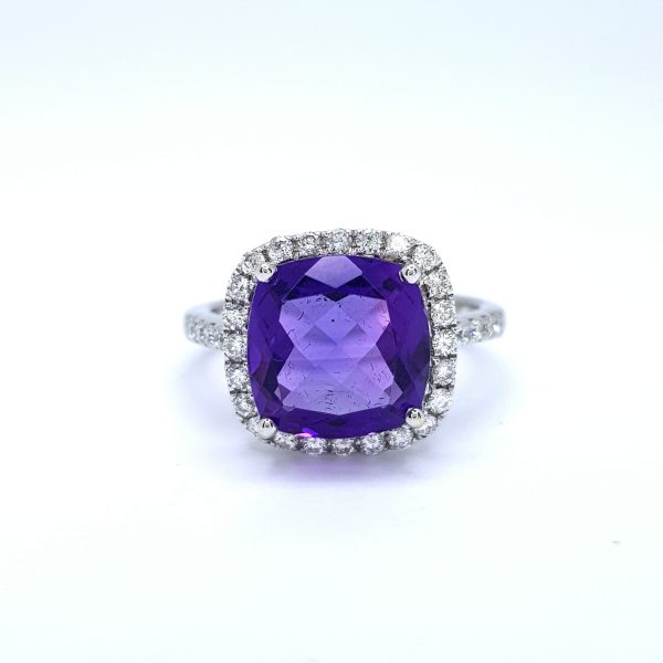 Contemporary Amethyst and Diamond Cluster Cocktail Dress Ring