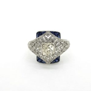 0.80ct Old Cut Diamond and Calibre Sapphire Dress Ring in Platinum