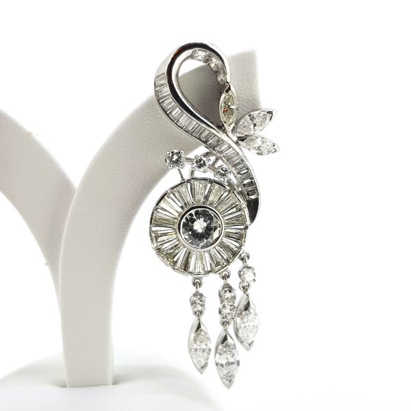 Vintage 1950s Scroll Diamond Drop Earrings in Platinum, 6.00 carat total