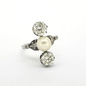 Natural Pearl and Old Cut Diamond Trilogy Ring