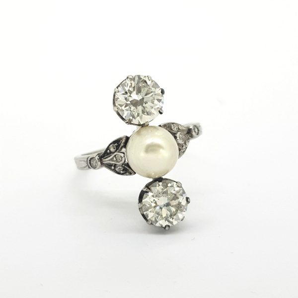Natural Pearl and Old Cut Diamond Trilogy Ring
