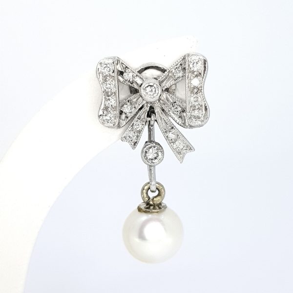 Vintage Pearl and Diamond Bow Drop Earrings
