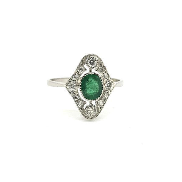 Art Deco Style Emerald and Diamond Cluster Ring in Platinum