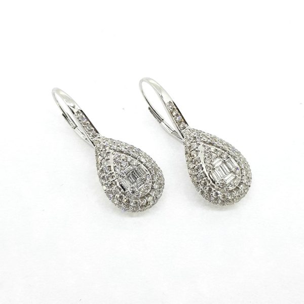 Pear Shaped Diamond Cluster Drop Earrings, 2.30 carat total, central baguette-cut diamonds surrounded by two brilliant-cut diamond clusters, in 18ct white gold