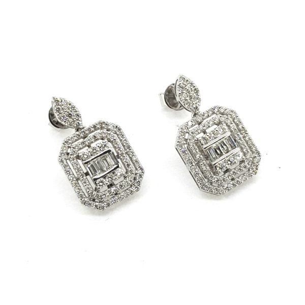 Contemporary Diamond Cluster Drop Earrings, 2.00 carats, central baguette-cut diamonds within a brilliant diamond surround, encompassed within a double diamond halo, all suspended from a diamond-set marquise shaped stud, in 18ct white gold