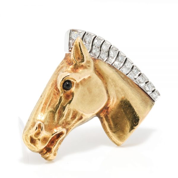 Vintage 18ct Yellow Gold Horse Head Brooch with Diamonds; 18ct gold brooch in the form of a horse's head, the mane decorated with brilliant-cut diamonds. Circa 1950s