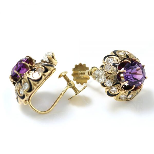 Antique Victorian Amethyst and Old Cut Diamond Cluster Earrings, with screw-back fittings, Circa 1880s