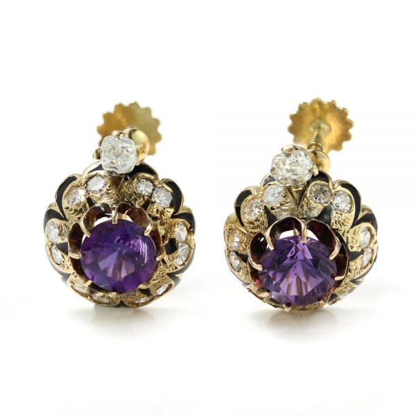 Antique Victorian Amethyst and Old Cut Diamond Cluster Earrings, with screw-back fittings