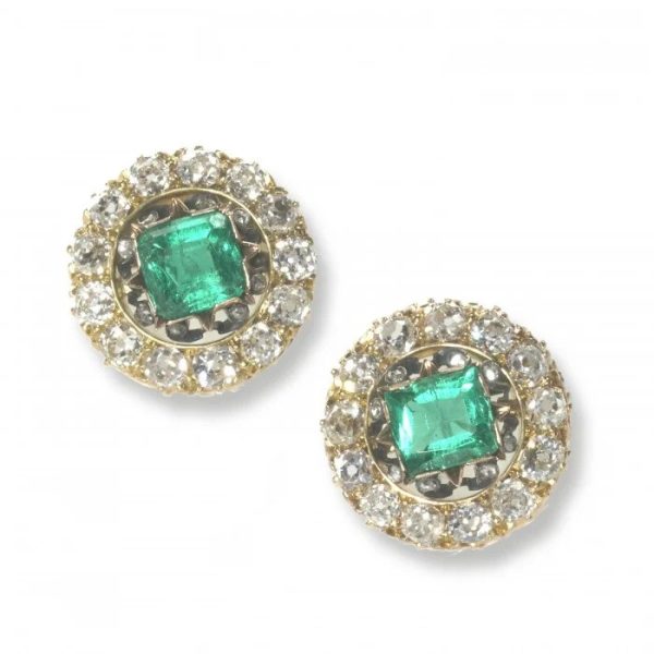 Antique 3ct Colombian Emerald and Diamond Cluster Stud Earrings