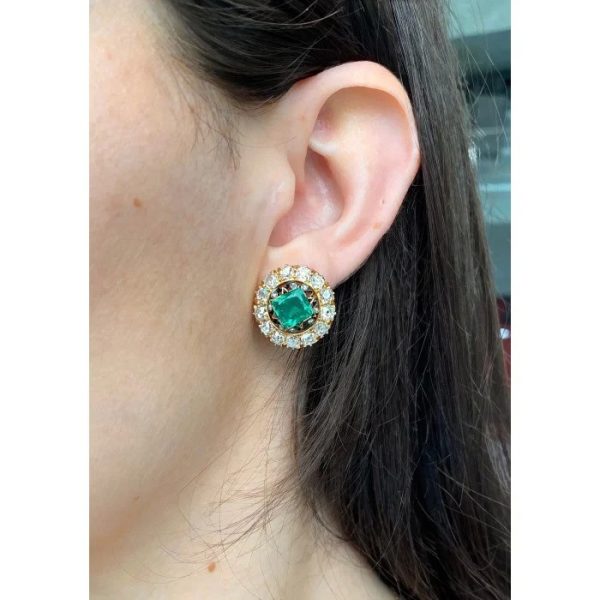 Antique 3ct Colombian Emerald and Diamond Cluster Stud Earrings