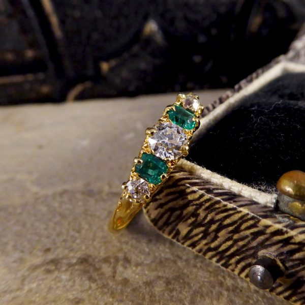 Antique Late Victorian Emerald and Diamond Five Stone Ring