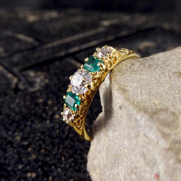 Antique Late Victorian Emerald and Diamond Five Stone Ring