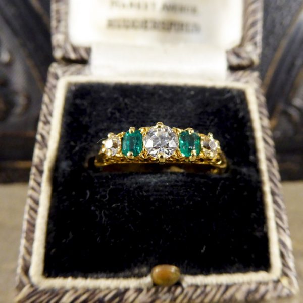 Antique Late Victorian Emerald and Diamond Five Stone Ring