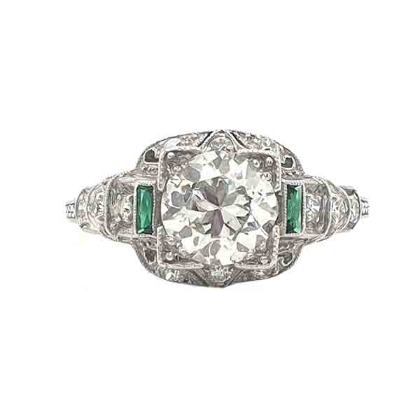 Art Deco Emerald and Old Cut Diamond Engagement Ring, Platinum