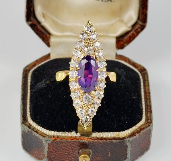 Antique Victorian 1.80ct No Heat Purple Ceylon Sapphire and 2.0ct Diamond Navette Ring