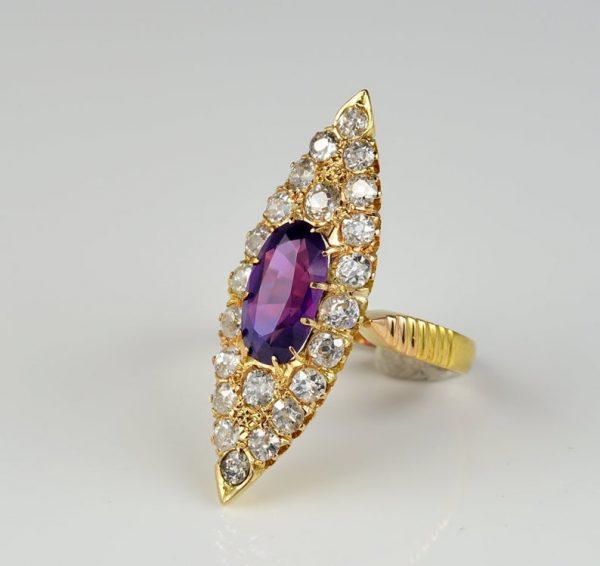 Antique Victorian 1.80ct No Heat Purple Ceylon Sapphire and 2.0ct Diamond Navette Ring