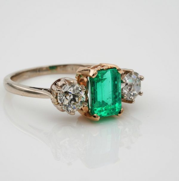 Vintage 1940s 1.60ct Colombian Emerald and 1.20ct Old Mine Cut Diamond Ring