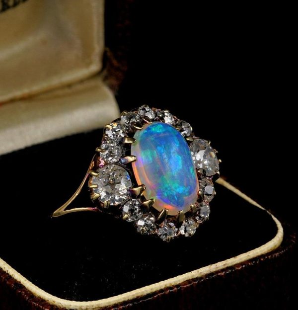 Magnificent Antique Victorian Natural Opal and 1.80ct Old Mine Diamond Ring