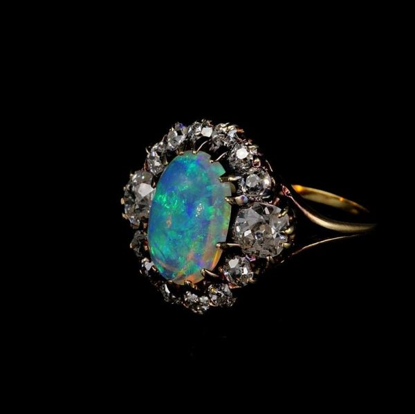 Magnificent Antique Victorian Natural Opal and 1.80ct Old Mine Diamond Ring