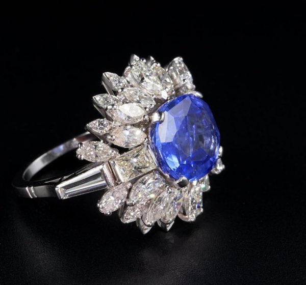 Vintage Natural No Heat Ceylon Sapphire and Diamond Platinum Cocktail Ring