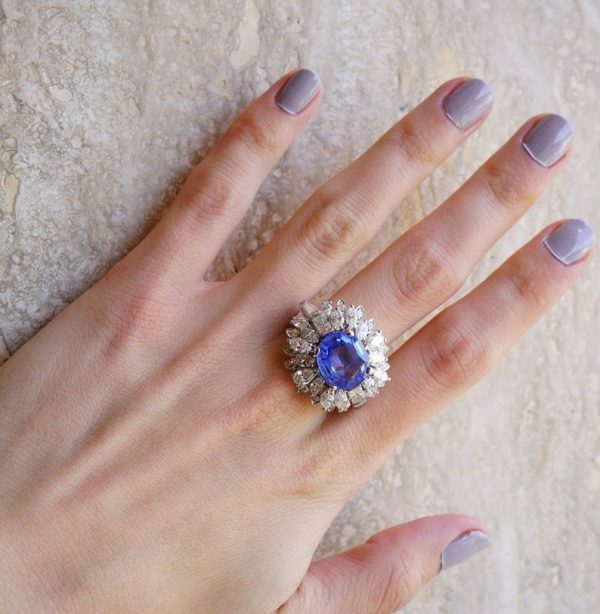 Vintage Natural No Heat Ceylon Sapphire and Diamond Platinum Cocktail Ring