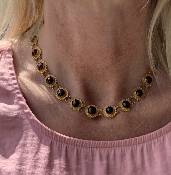 Antique Style Gold and Garnet Necklace, Bracelet and Earrings Suite, Dutch