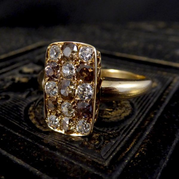 Late Victorian Antique 1.57ct Brown and White Diamond Chequerboard Ring