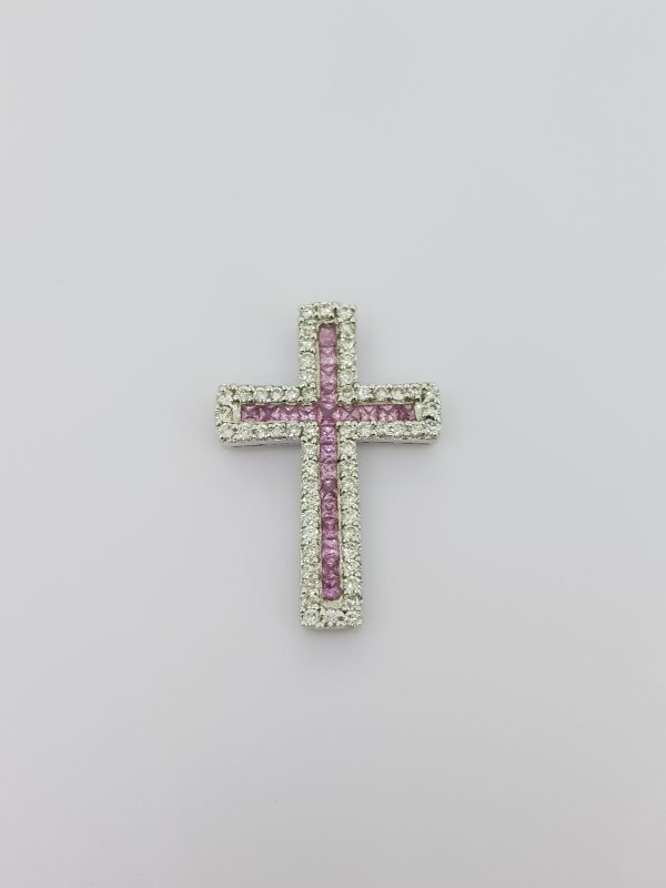 Pink Sapphire and Diamond Cross Pendant; set with 0.97cts princess-cut pink sapphires with outer border of 1.02cts brilliant-cut diamonds, in 18ct white gold