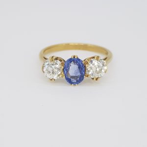 1.10ct Natural Sapphire and Old Cut Diamond Three Stone Ring in 18ct Yellow Gold