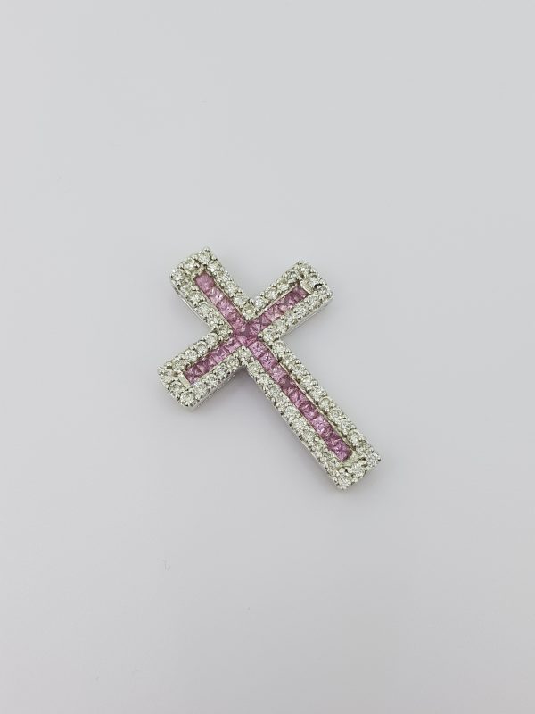 Pink Sapphire and Diamond Cross Pendant; set with 0.97cts princess-cut pink sapphires with outer border of 1.02cts brilliant-cut diamonds, in 18ct white gold