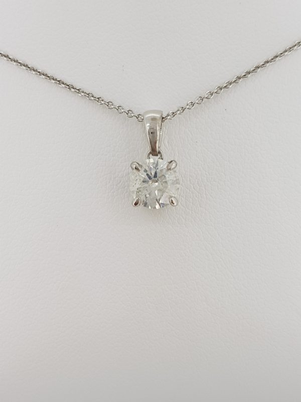 Single Stone Diamond Solitaire Pendant; featuring a certified 1.05 carat F colour SI2 clarity round brilliant-cut diamond, four claw set in 18ct white gold