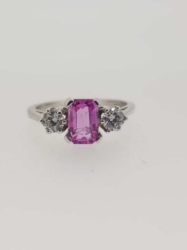 1.01ct Emerald Cut Pink Sapphire and Diamond Three Stone Ring