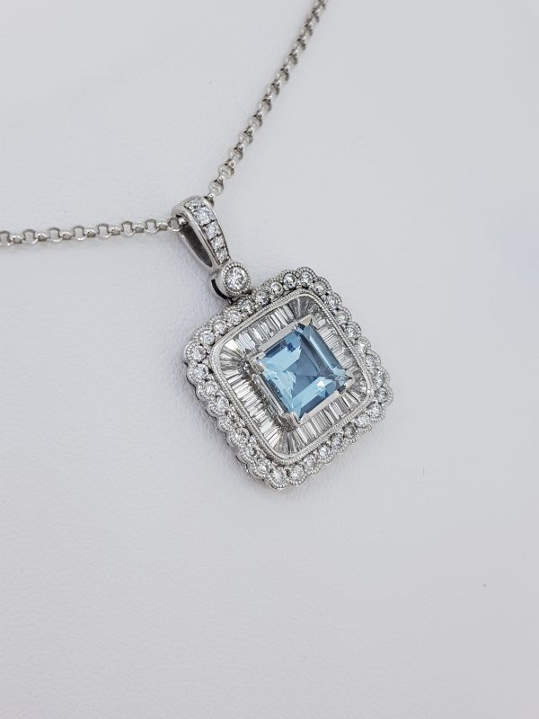 Aquamarine and Baguette Diamond Pendant